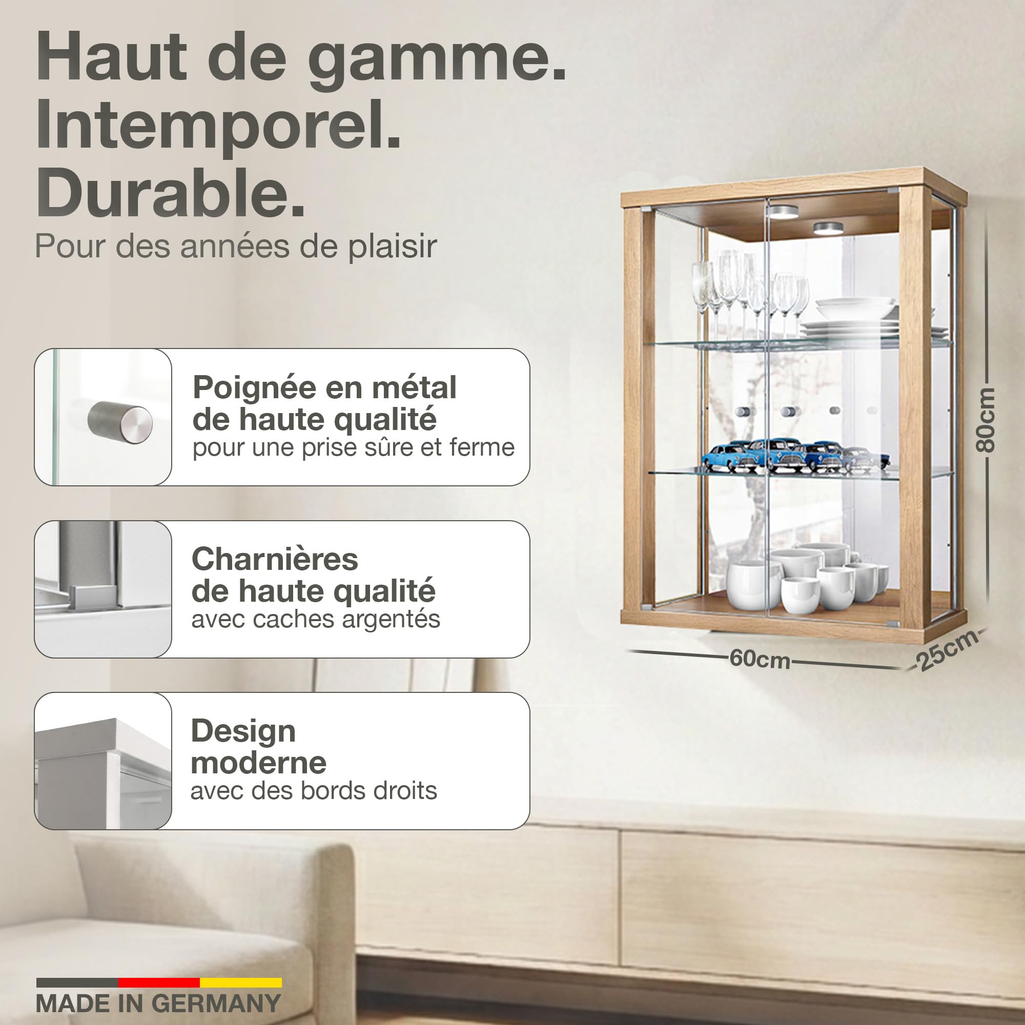 Vitrine Murale pour Collection (80x60x25cm) - Fabriqué en Allemagne - Petite Etagere Vitrine en Verre Suspendue avec 2 étagères réglables en Verre trempé (ESG), Miroir & LED in Hêtre