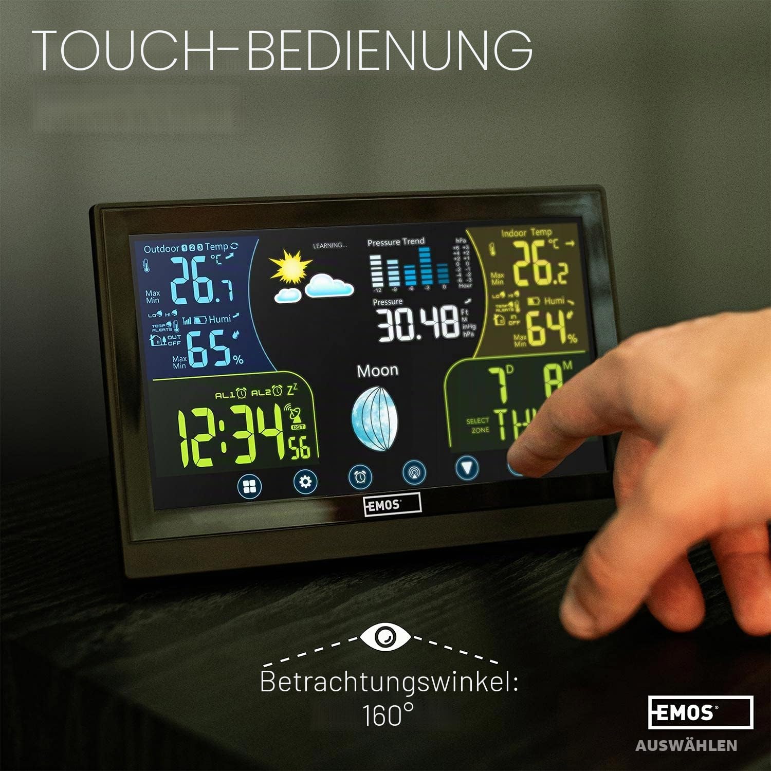 Emos Wetterstation Funk mit Außensensor, Touchscreen und Farbdisplay, DCF Empfangssignal Funkuhr - Innen- und Außentemperatur, Barometer, Wettervorhersage