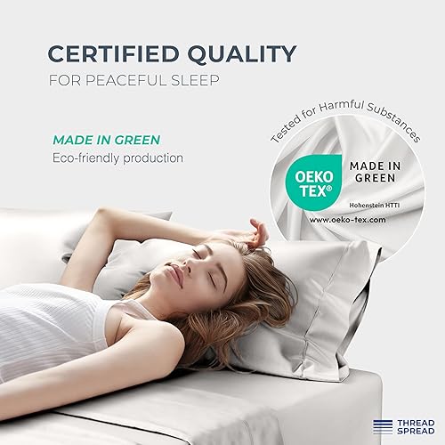 Miniatura 6 de THREAD SPREAD Juego de sábanas de cama 100% de algodón egipcio tamaño King - Set de 4 piezas 1500 hilos de lujo de alta densidad, color gris claro,