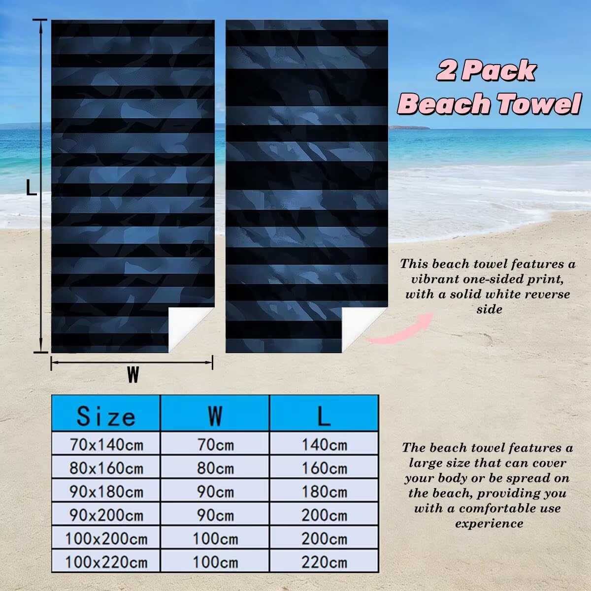 Ręcznik plażowy z mikrofibry, 100 x 220 cm, 2 szt., szybkoschnący, bez piasku, akcesoria świąteczne, lekkie, bardzo duże ręczniki kąpielowe dla dorosłych, prezenty (w paski) -5057