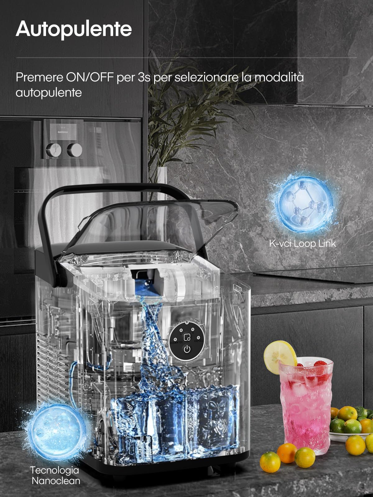 FOHERE Macchina Ghiaccio 14KG in 24h, Cubetti in 6-8 Min, Autopulente, 2 Dimensioni di Ghiaccio, Macchina per il Ghiaccio con Maniglia Portatile per Casa/Cucina/Ufficio/Bar (Nero Profondo)