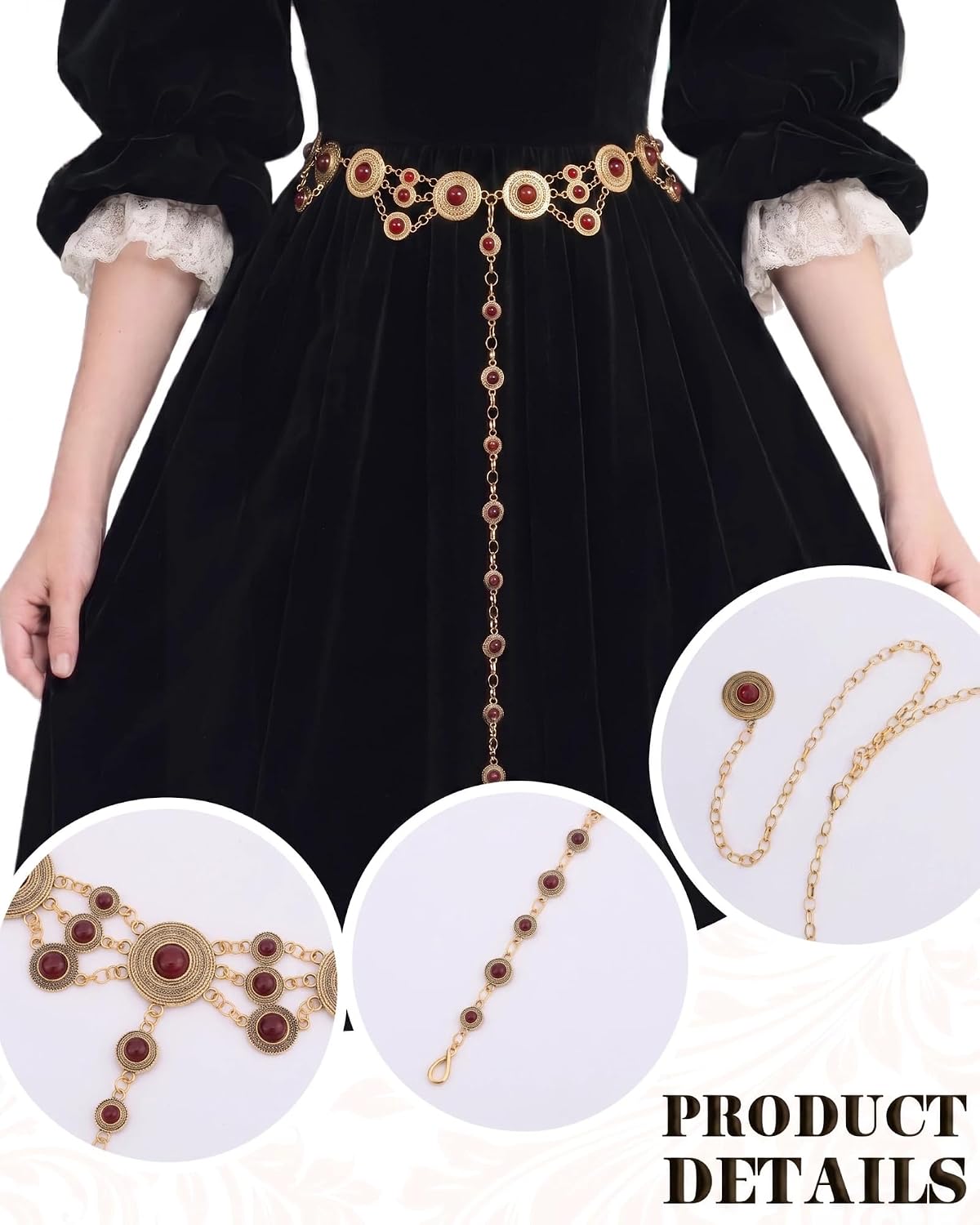 Renaissance Layer Waist Chain, Medieval Chain Belt with Black Stone