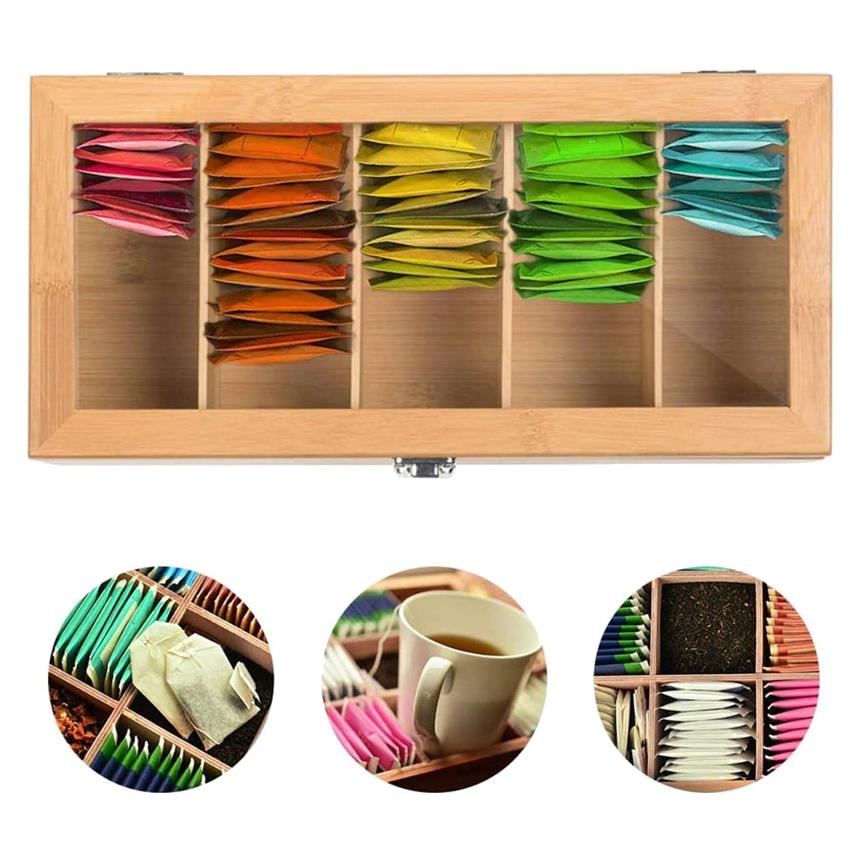 3X de Bambú Multifuncional Bolsa de Té Organizador de Joyas Caja de Almacenamiento 5 Compartimentos Caja de Té Organizador Contenedor de AzúCar