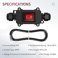 Vista 2 de 20A 125V CA DPST Interruptor de potencia en línea impermeable IP66 con interruptor de encendido/apagado iluminado en rojo