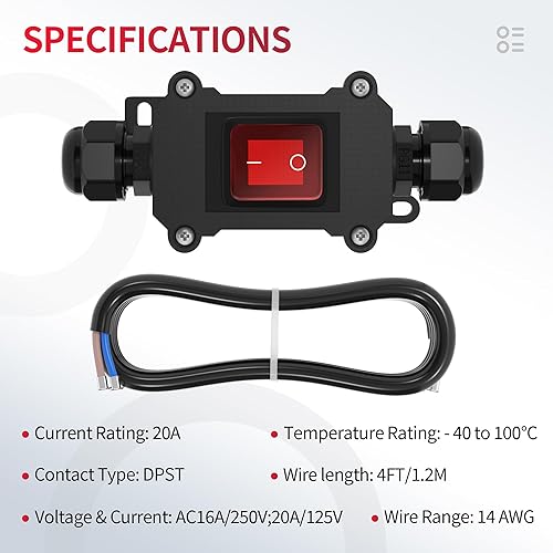 Miniatura 2 de 20A 125V AC DPST impermeable IP66 interruptor de alimentación en línea con interruptor encendido encendido rojo encendidoapagado