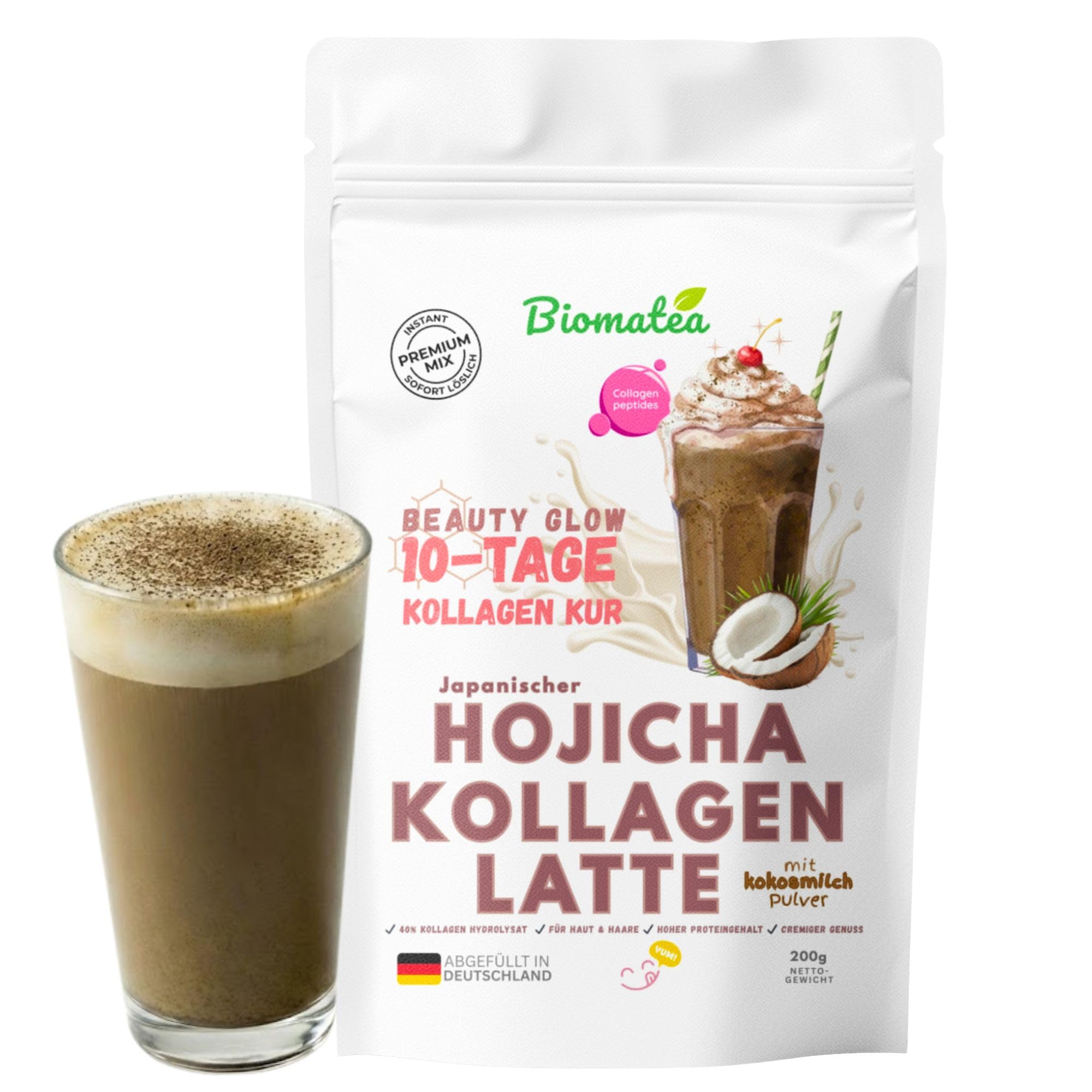 Biomatea 10-dniowy Beauty Glow kuracja – Hojicha kolagen Latte w proszku, japońska herbata palona z peptydami kolagenowymi dla promiennej skóry i jędrnych paznokci – kremowa mieszanka instant z