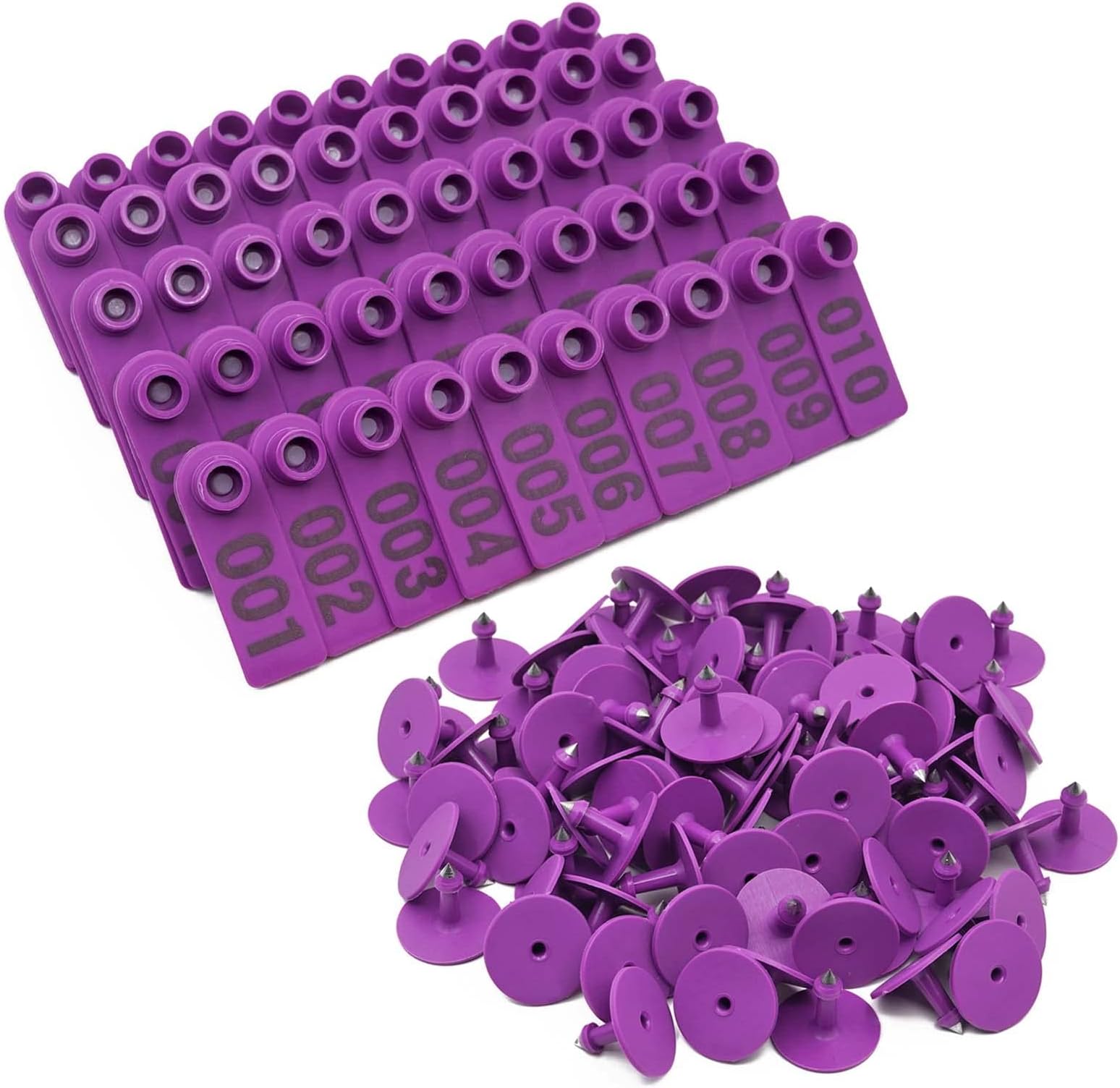 Numbered Ear Tags 001-100 Count Plastic Livestock Ear Tags with Numbers for Cattle Cows Hogs Pigs Sheep Goats (2 x 0.7 inch, Purple)