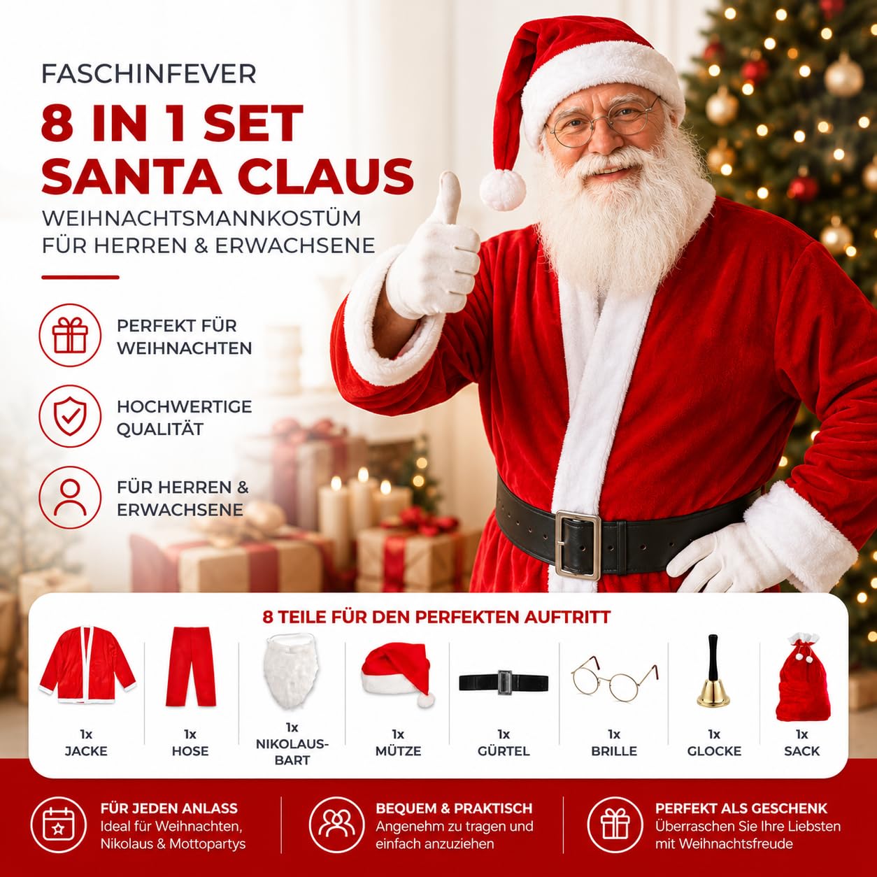 8 in 1 Set Weihnachtsmannkostüm & Nikolauskostüm - Santa Costume - für Weihnachten - Kostüm für Nikolaus - Weihnachtsmann - Santa Claus - Herren & Erwachsene