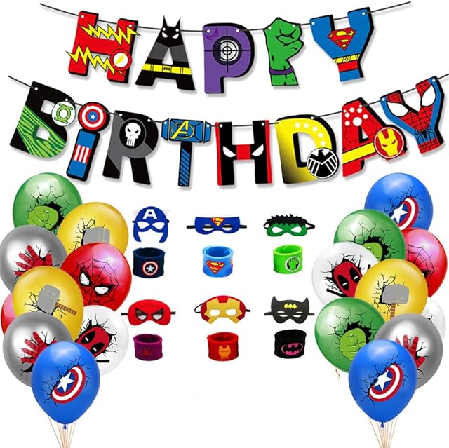 Superhero Theme Birthday Party Supplies 1Pcs Banner 18Pcs Children Balloons 12Pcs Children Superhero Masks and Superhero Slap Bracelet Party Decorations The Best Birthday Gifts for Kids