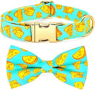 Foodie Dog Collars with Bow Tie, Blue/Yellow Cheese Bowtie Accessory for Dogs, Gold Metal Accessories Collars for Small Medium Large Dogs, S (10" -16")