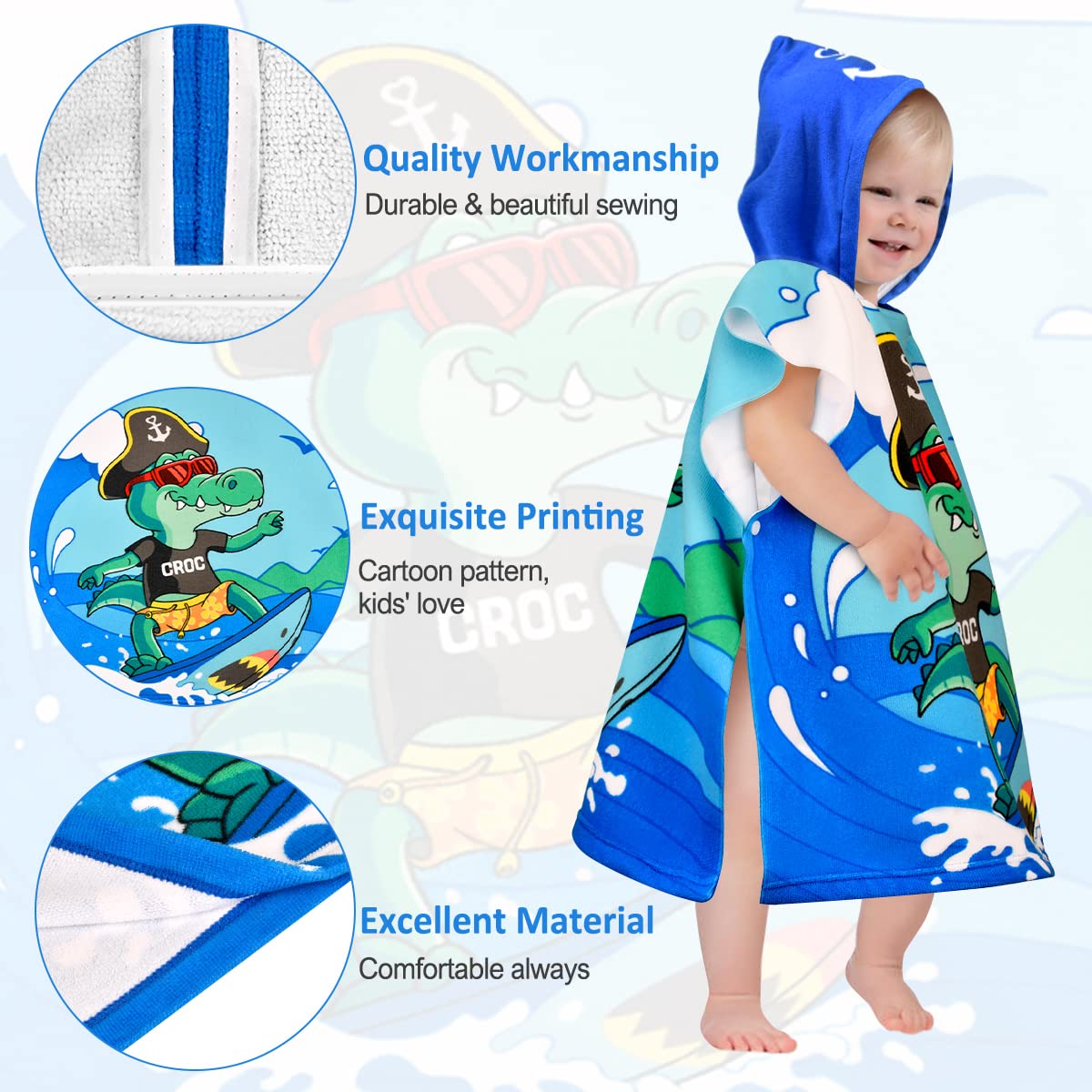 Poncho de Bain Enfant Crocodile Serviette de Bain Serviette de Plage Fille Cape de Bain Garcon Super Absorbant Séchage Rapide Poncho à Capuche Poncho de Surf Sortie de Bain pour Bébé 2-6 Ans
