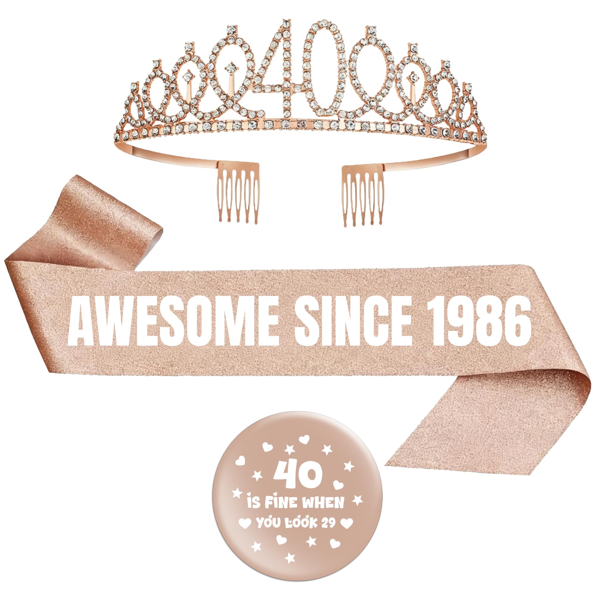 40th Birthday Decoration Sash Women - 3 PC Rose Gold AWESOME SINCE 1986 Sash Rhinestone Tiara 40 Birthday Rhinestone 40 Is Fine When You Took 29 to Perfection Badge for Girls Bday Party Supplies