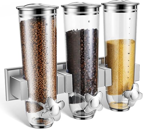 Miniatura 8 de Umigy Dispensador de cereales montado en la pared, dispensador triple de alimentos secos, máquina dispensadora de dulces, contenedor de