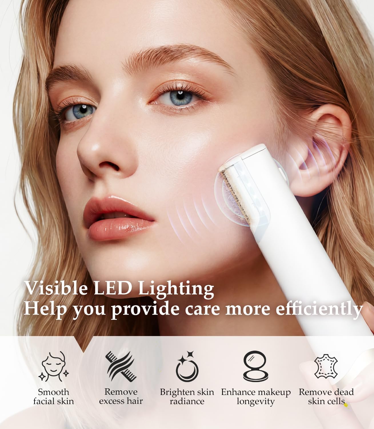 Sonic Dermaplaning for Women Face 【Ultrasonic Precision Hair Removal】Rechargeable dermaplane razor for women face 【Gentle Exfoliation】3-speed adjustment & White LED Light,10 Replacement Blades