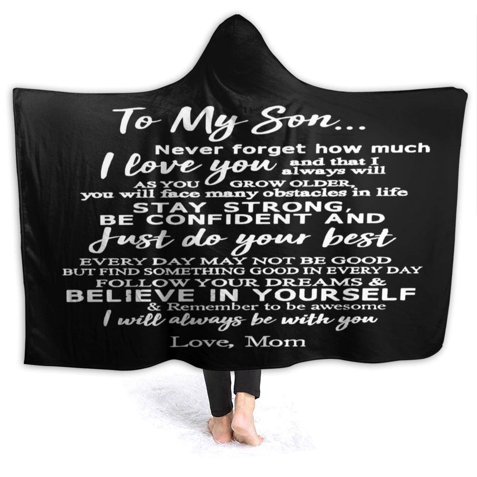 Ultra Soft Light Weight Hooded Throw Blanket Words To My Son From Mom I Love You Comfy Fluffy Quilt For Bed Couch Sofa Living Room Picnic Suitable All Seasons 50"X40" Small for kid" Small for kid