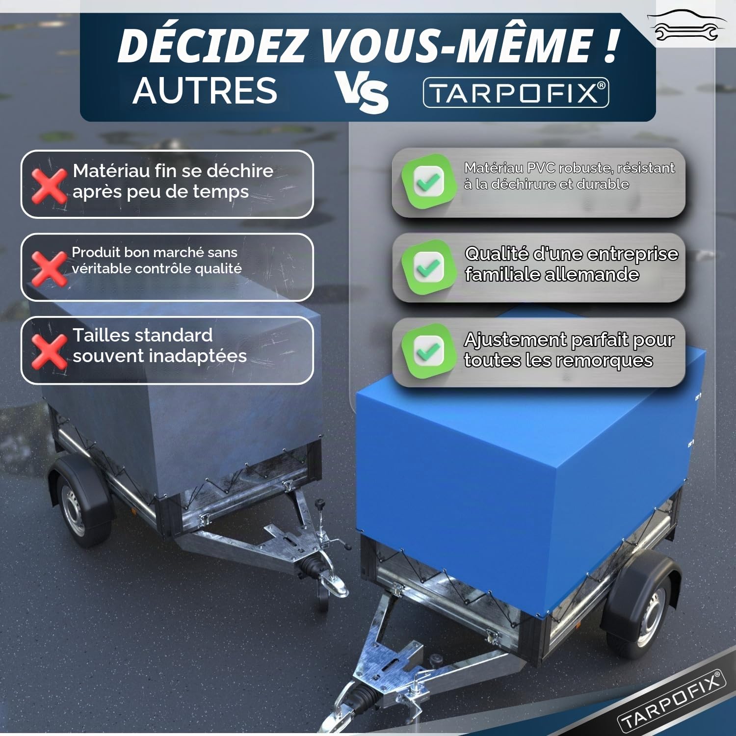 Tarpofix® Bâche de Remorque Haute 210 x 115 x 110 cm & Corde - PVC Robuste Durable - Couverture Idéale pour Divers Modèles de Remorques de 750kg