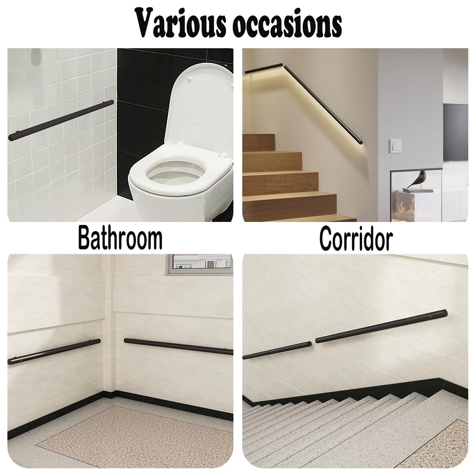 Barandillas de metal negro antideslizantes para escaleras de interior/exterior, barandilla segura para personas mayores y niños, 400 cm (13.1 pies) barra de seguridad montada en la pared