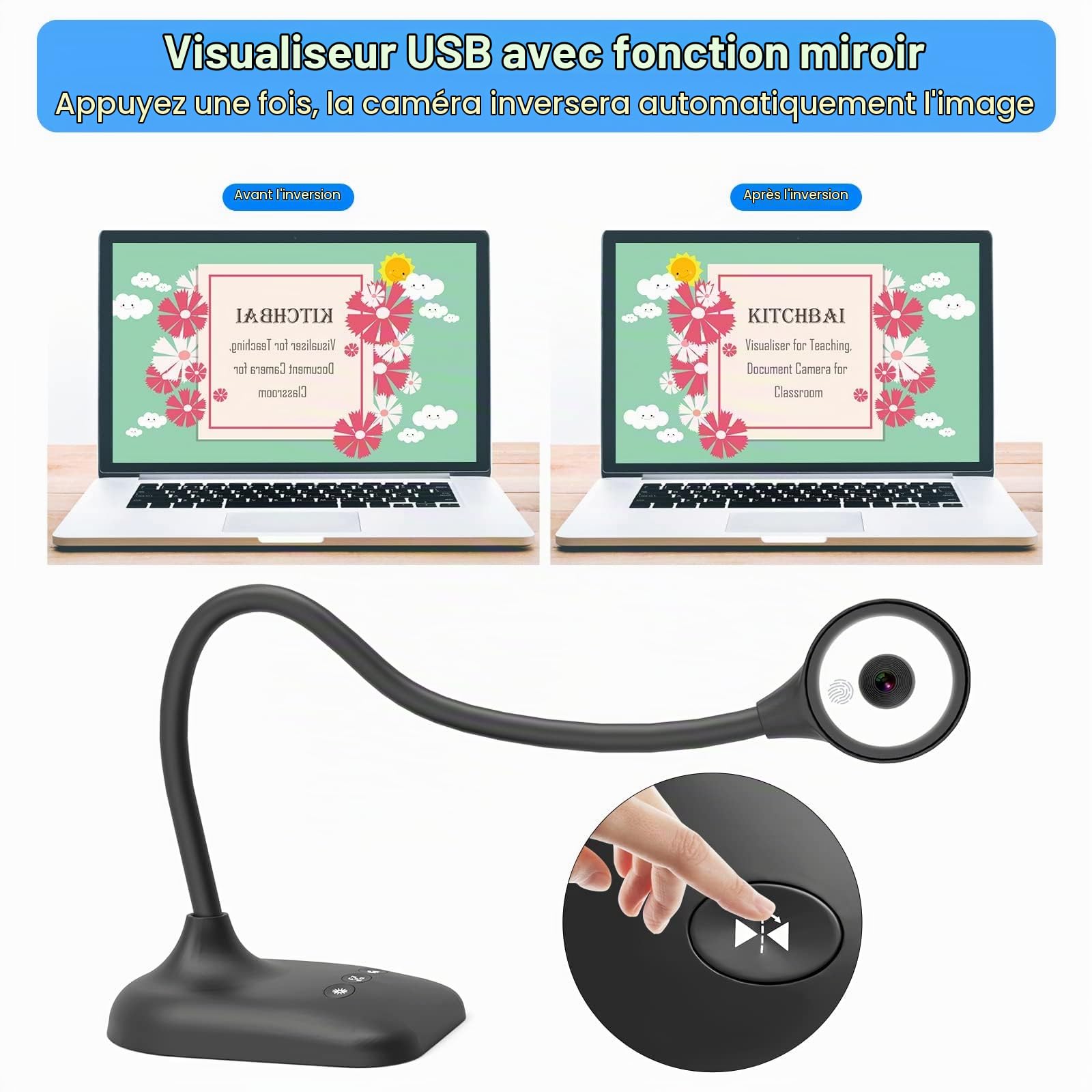 Visualiseur, Caméra Document pour Lumières LED à 3 Niveaux, iOS à 5 Niveaux, Inversion d'image, Pliage avec Zoom, Skype, Teams, OBS. pour l'enseignement à Distance, Démonstration en Direct