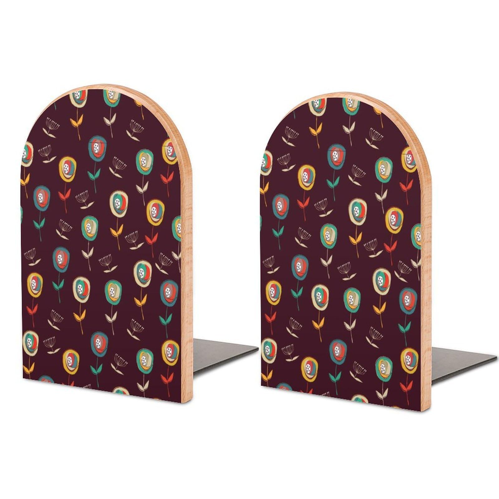 Stylized Flowers. Bright Floral Background. Beech Wood Bookends Heavy Duty Book Organizers Desktop File Holder for Office Home Bookshelf