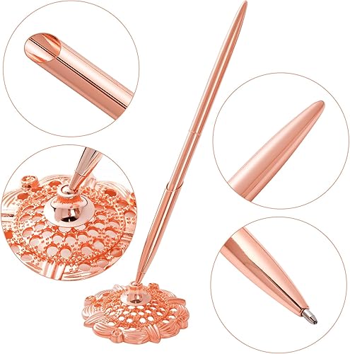 Miniatura 10 de jiebor Juego de 2 soportes plateados para bolígrafos de boda y bolígrafo de metal, bolígrafo de escritorio de firma para libro de invitados, novia,