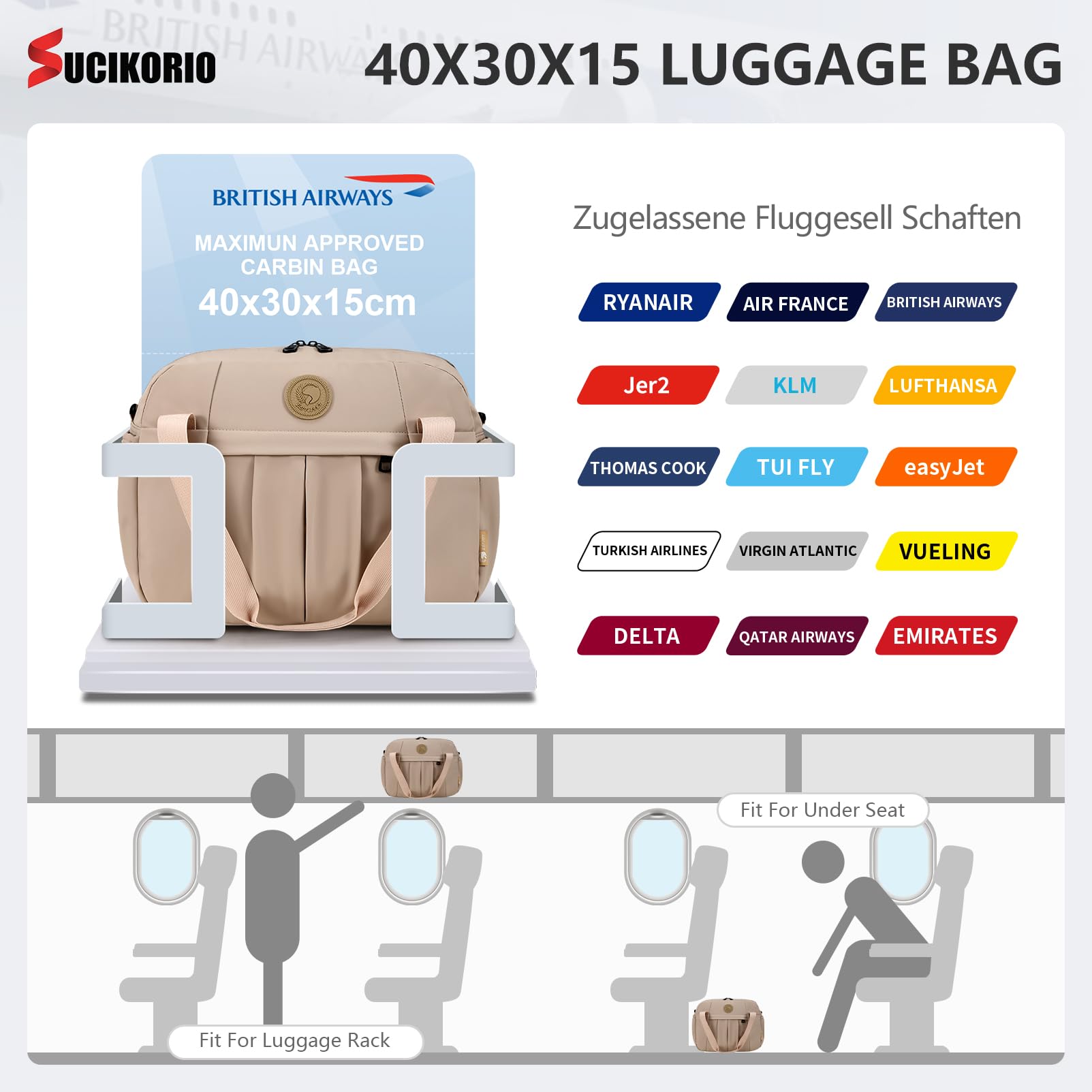 40x30x15cm British Airways Air France Jet 2 Handgepäck Tasche für Flugzeug, Wasserdicht Oxford Reisetasche Faltbar Cabin Bag 18L Carry On Luggage Weekender Damen Herren Mit Nasstasche