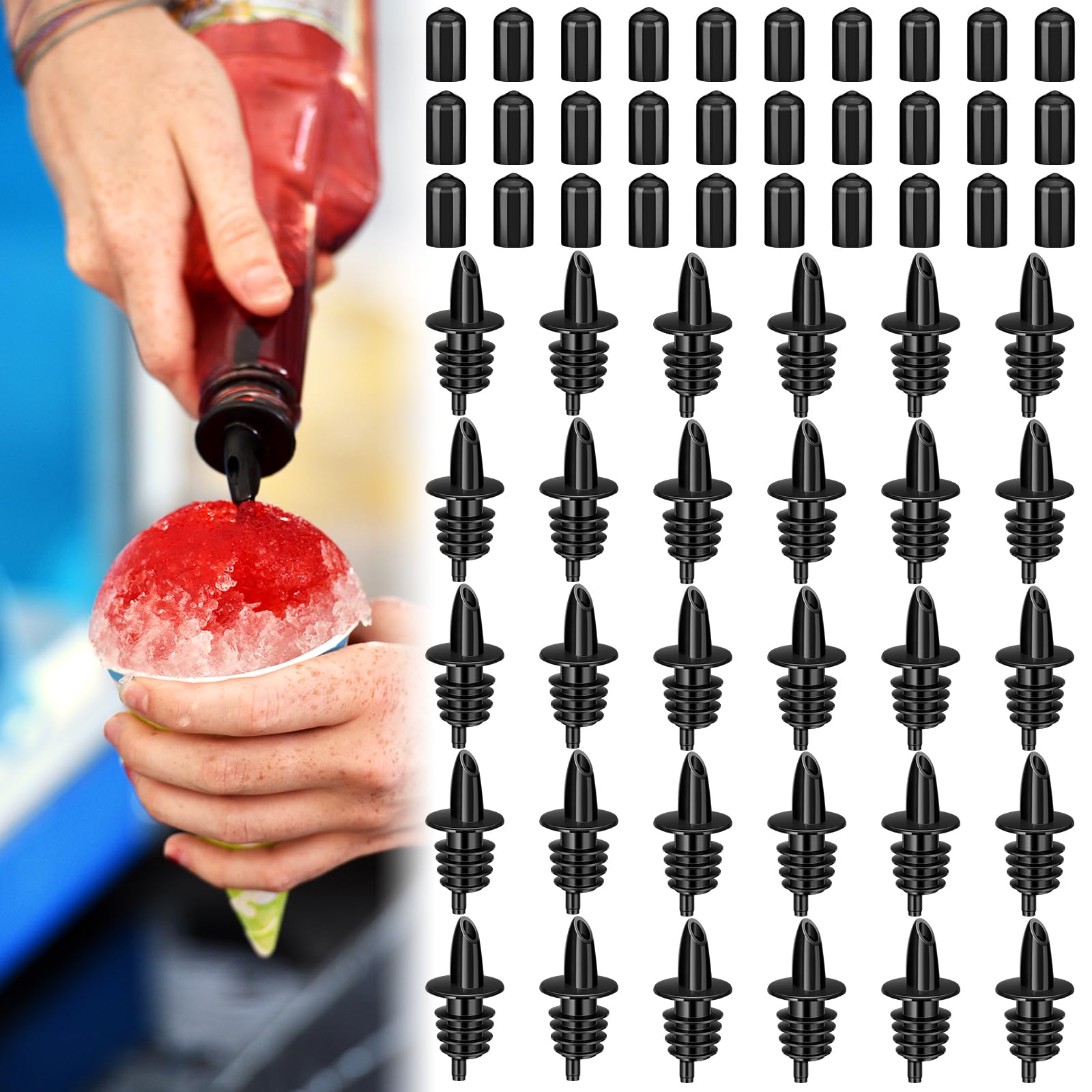 60 Pcs Bottle Pourers Syrup Pour Spouts Including Snow Cone Syrup Alcohol Liquor Bottle Pourers and Rubber Dust Cap Covers Dispenser Accessories