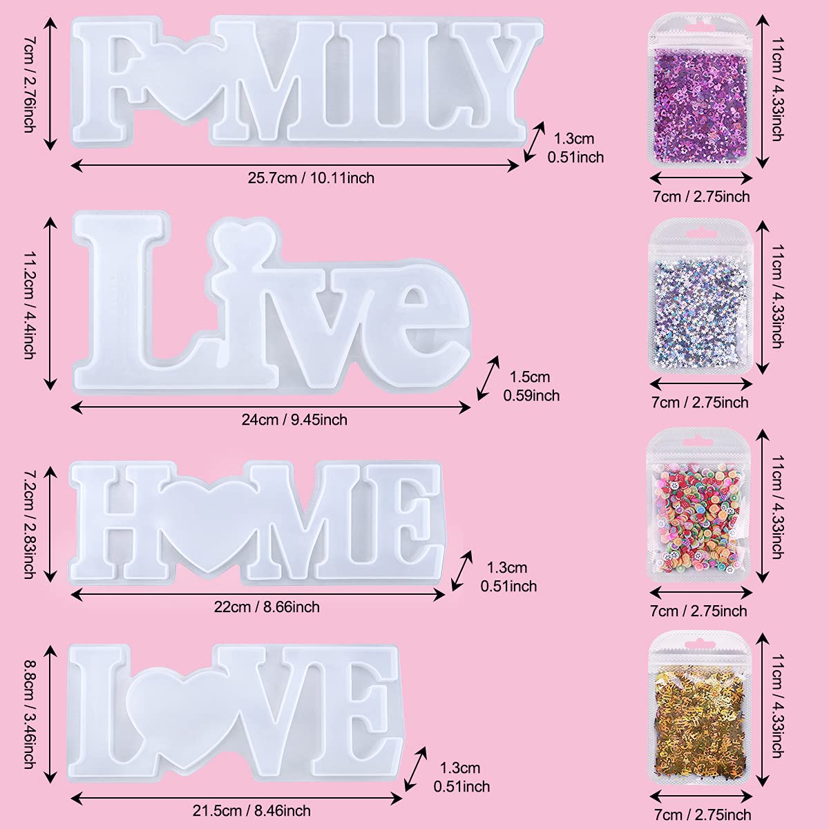 Kit 7 Pezzi Stampi Resina Epossidica - Lettere LOVE, HOME, FAMILY Con Glitter