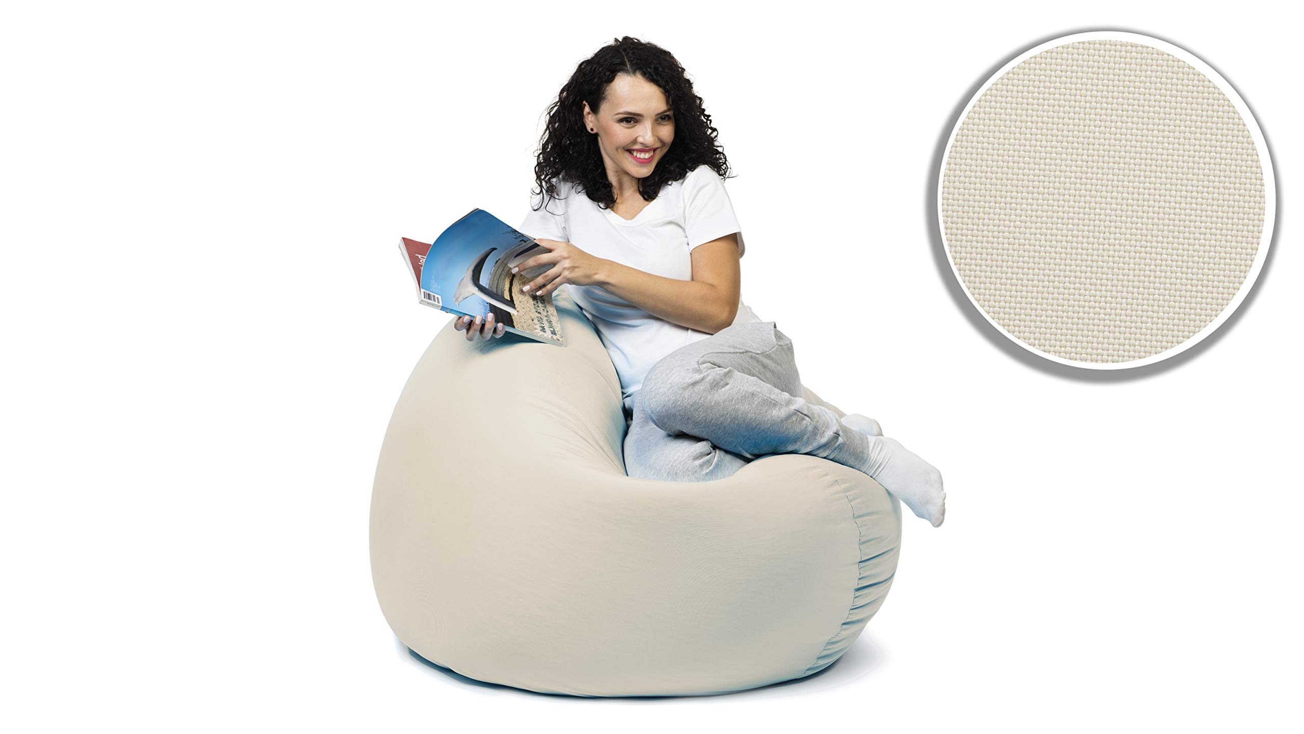 sunnypillow Pouf Poire 125cm diamètre avec 260 L Billes de polystyrène intérieure extérieur Fauteuil avec Rembourrage Perles EPS Crémeux