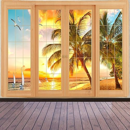 Miniatura 2 de FENDROM Tapiz de playa tropical, isla tropical, palmera, salida del sol, vista rústica, ventana para colgar en la pared, tapices de paisaje marino