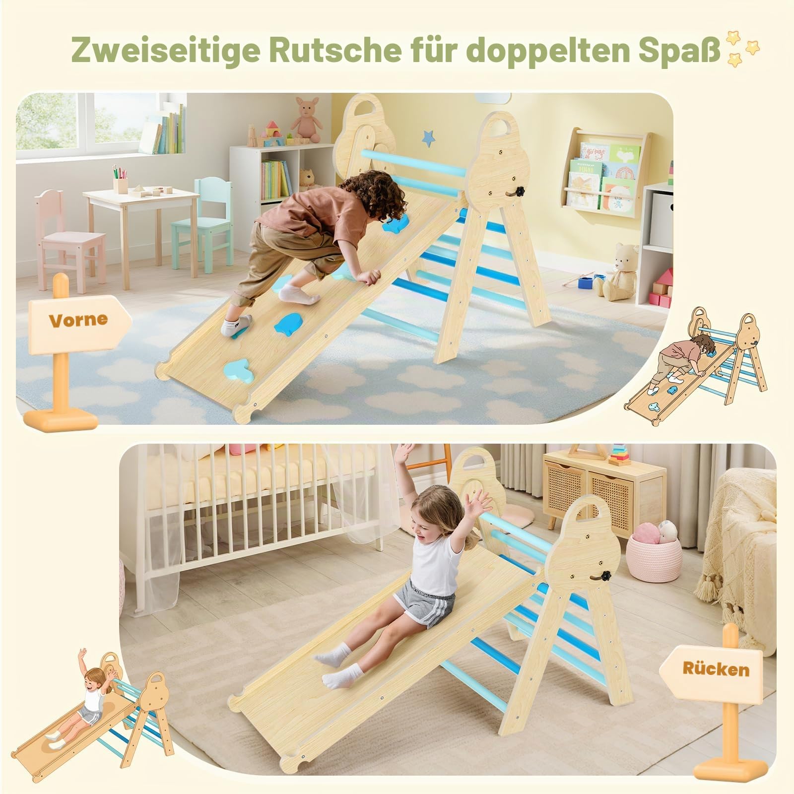 7-in-1 Montessori Klettergerüst Indoor, Kletterdreieck mit Rutsche & Kletterbogen, stabiles Holzkletterspielzeug mit Sicherheitsmatte, Indoor Spielplatz für Kinder ab 1 Jahr(Blau)