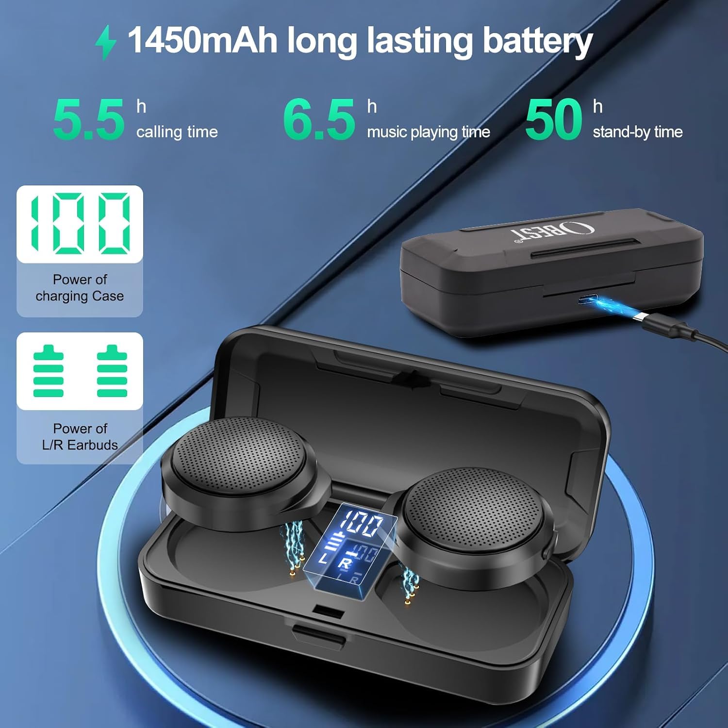 OBEST TWS - Cuffie Bluetooth per casco da moto, senza fili, con custodia di ricarica, Bluetooth 5.3 & ANC, cancellazione attiva del rumore, batteria da 1900 mAh, lunga durata, facile montaggio con