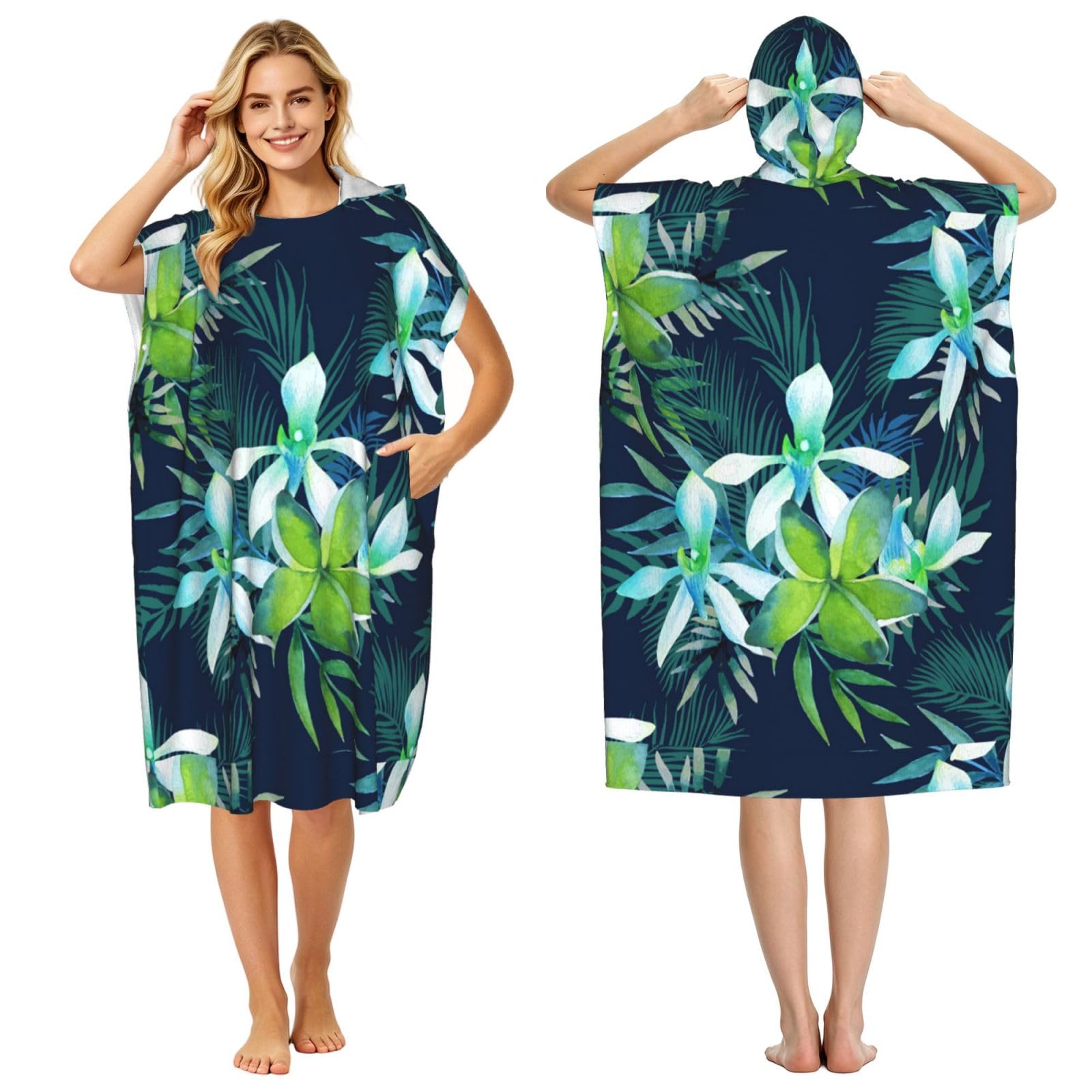 Poadnly Tropical Flower Printed, Adult Hooded Beach Towel 90 x 110 cm,Changing Bath Robe, Surf Poncho Towel For Women Men