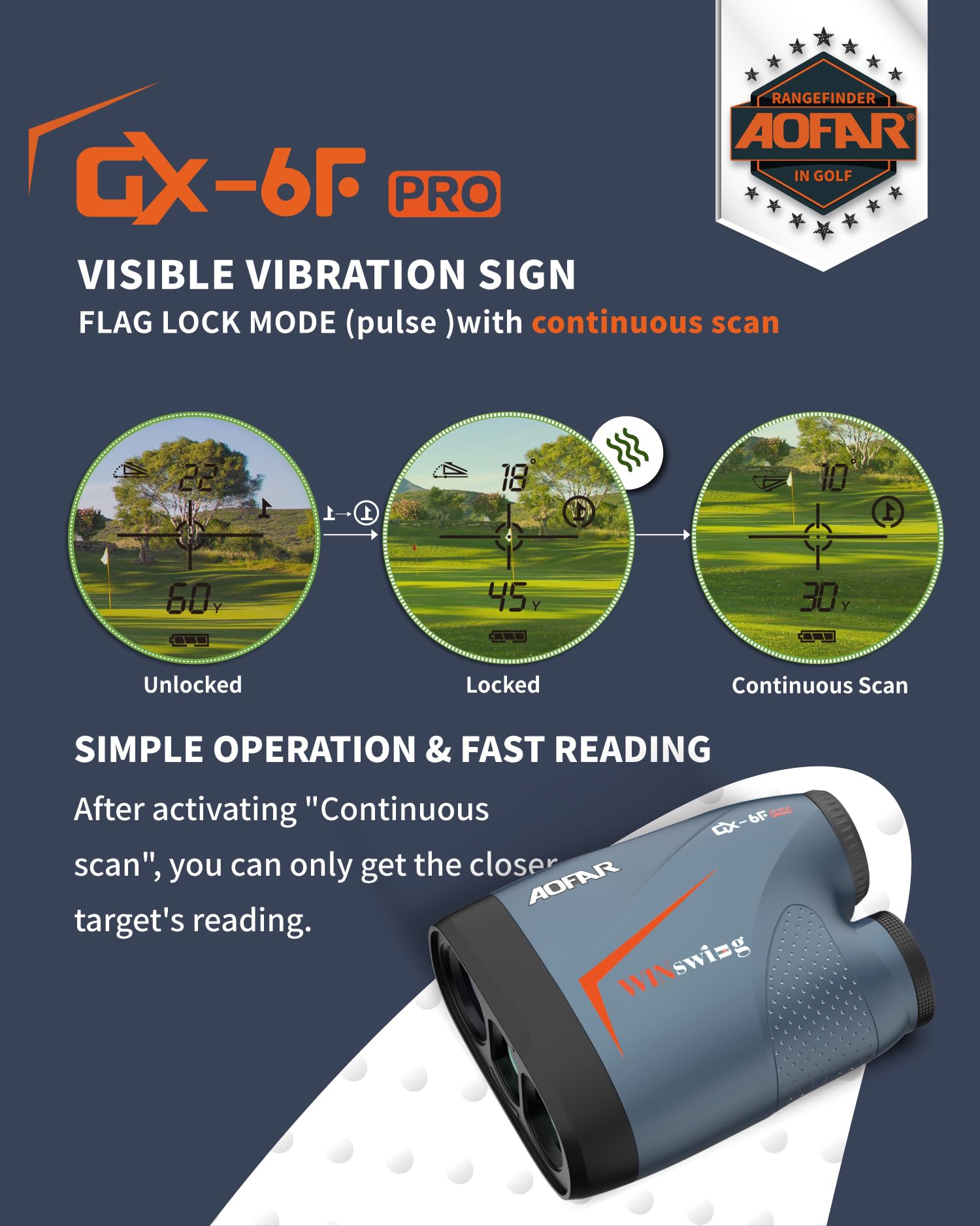 AOFAR GX-6F PRO Telemetro da Golf con Dispositivi di Pendenza Telemetro di Misurazione della Distanza con Scansione Continua, Blocco Bandiera con Vibrazione a Impulsi, Legale per la Competizione, 600Y