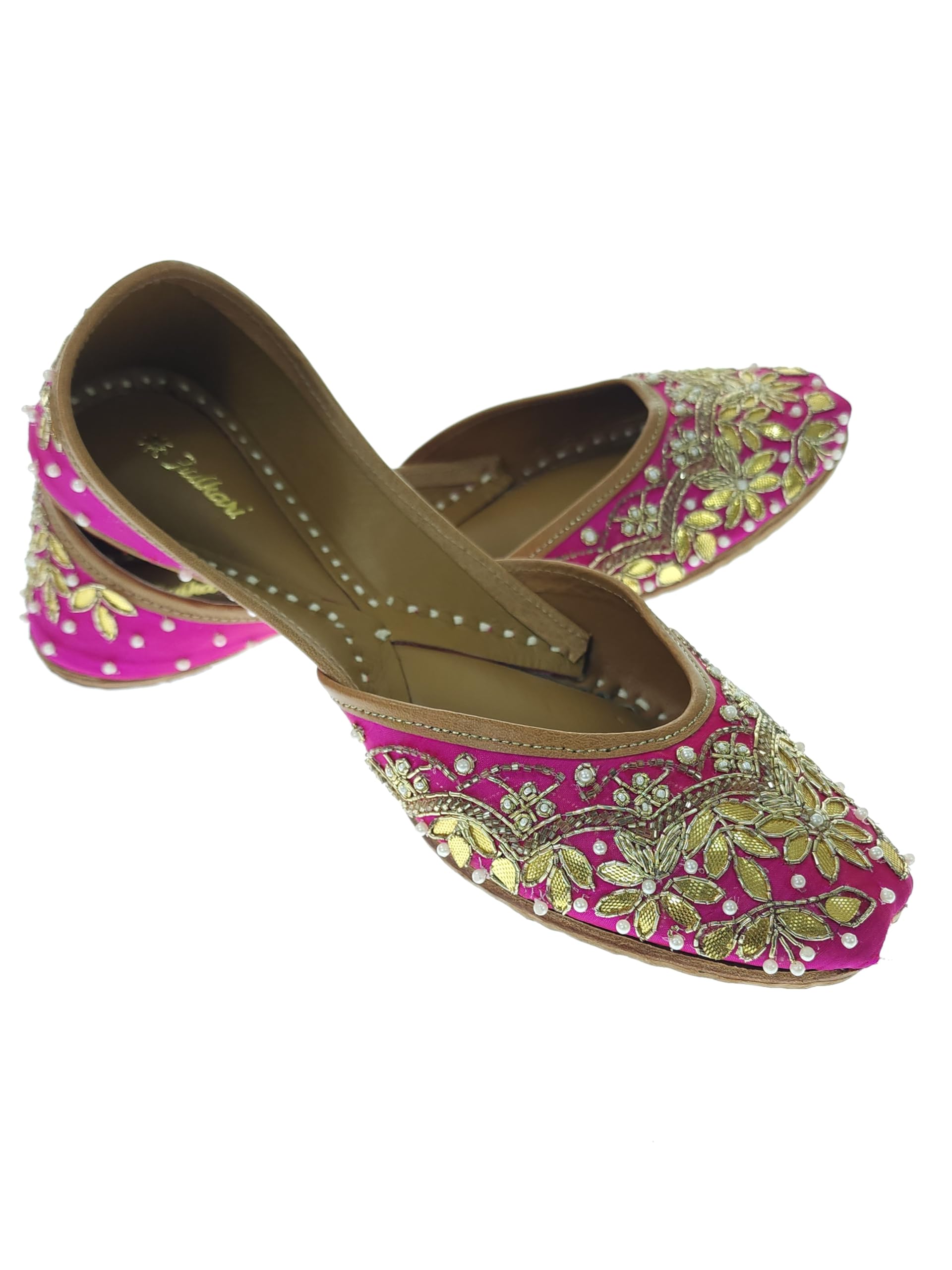 Women GottaPatti Magenta Gold Genuine Soft Leather Embroidered Jutis | Bite and Pinch Free Jutti | Punjabi Formal Juttis | Girl's Wedding Flat Ladies Mojari | Formal Ethnic Juti |-image-4