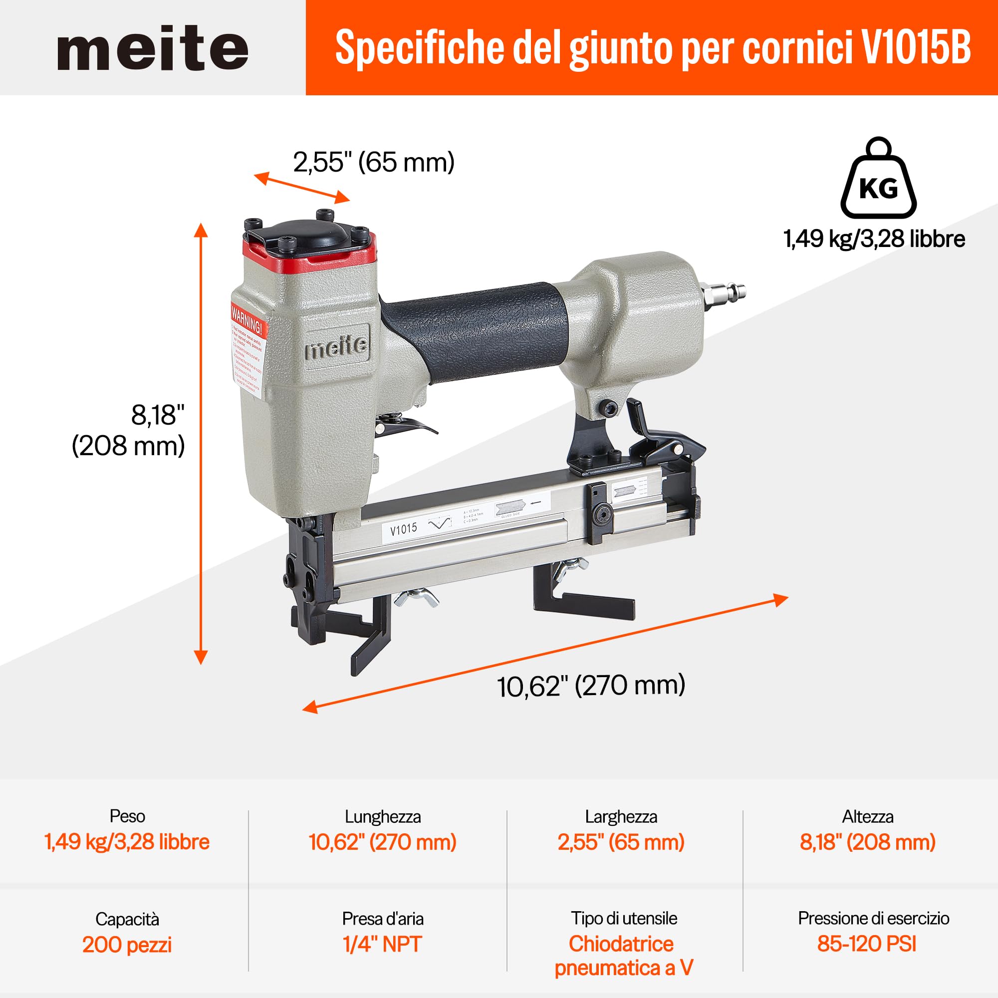 meite V1015B Chiodatrice Pneumatica a V per Cornici, Unisci-Cornici ad Aria Compressa per Cornici da Quadro, Compatibile con Chiodi a V da 7 a 15 mm