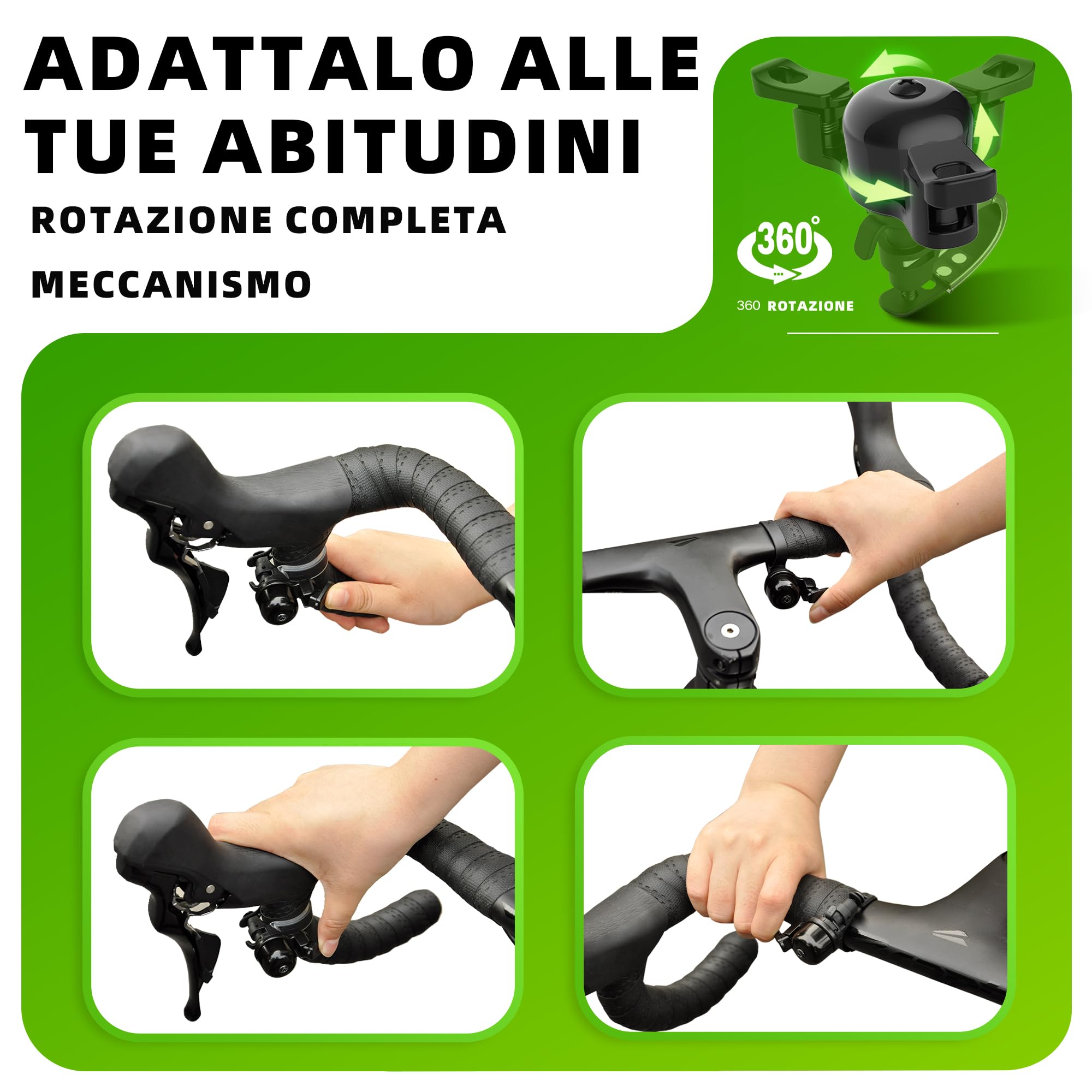 RBRL Mini campanello per bicicletta per bici da strada e gravel – Campanello per bicicletta rumoroso da 100 dB, girevole a 360°, utilizzabile con mano sinistra/destra – Compatto per manubri da 22–32 m