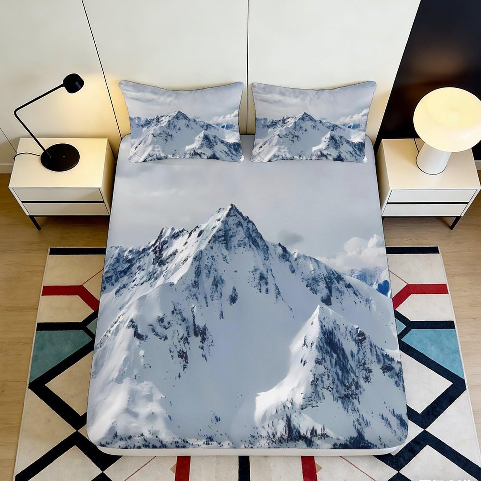 3D Printed Snow Mountain Fitted Sheet Microfiber Soft Anti-Slip Mattress Cover for Bedroom Dorm Decor Easy Care 90x200x25cm