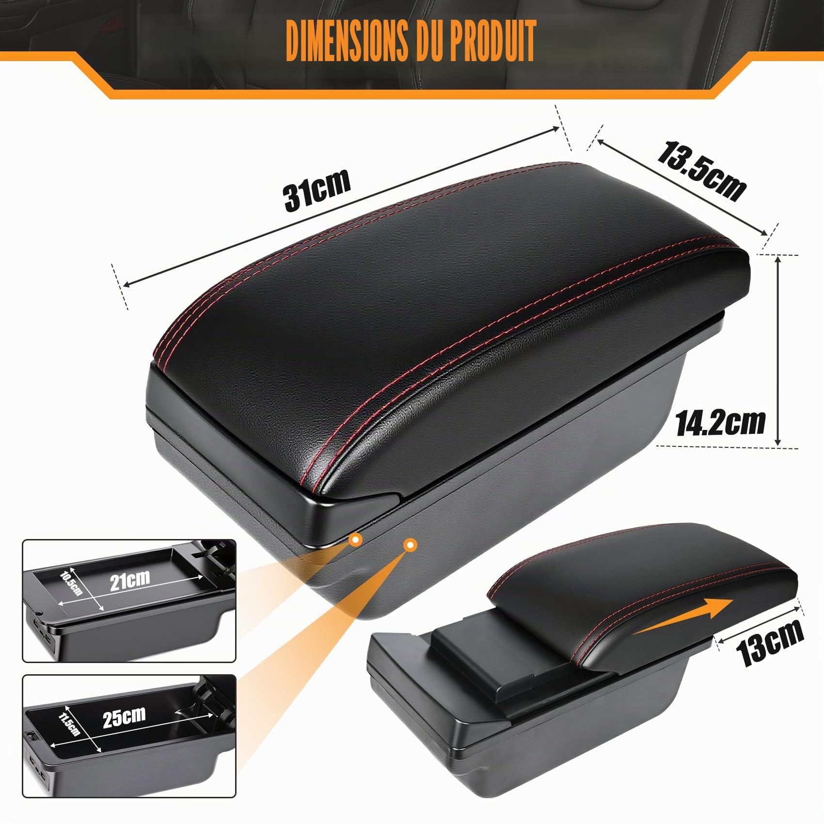 Accoudoir Centrale pour Suzuki Swift 2005-2024, Rangement Intégré, Cuir Noir, Facile à Installer, Accessoire Intérieur Voiture