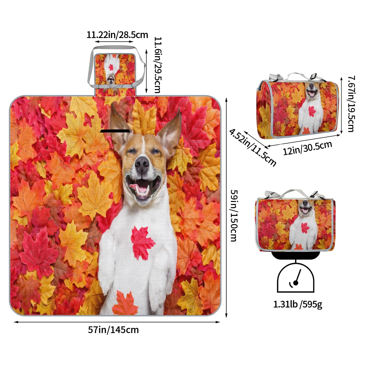 Shimoshe Picnic Blankets 57”x 59”, Autumn Leaves Dog Waterproof Sandproof Picnic Mat Lightweight Foldable Beach Blanket for Camping Park Grass Beach Outdoor Blanket