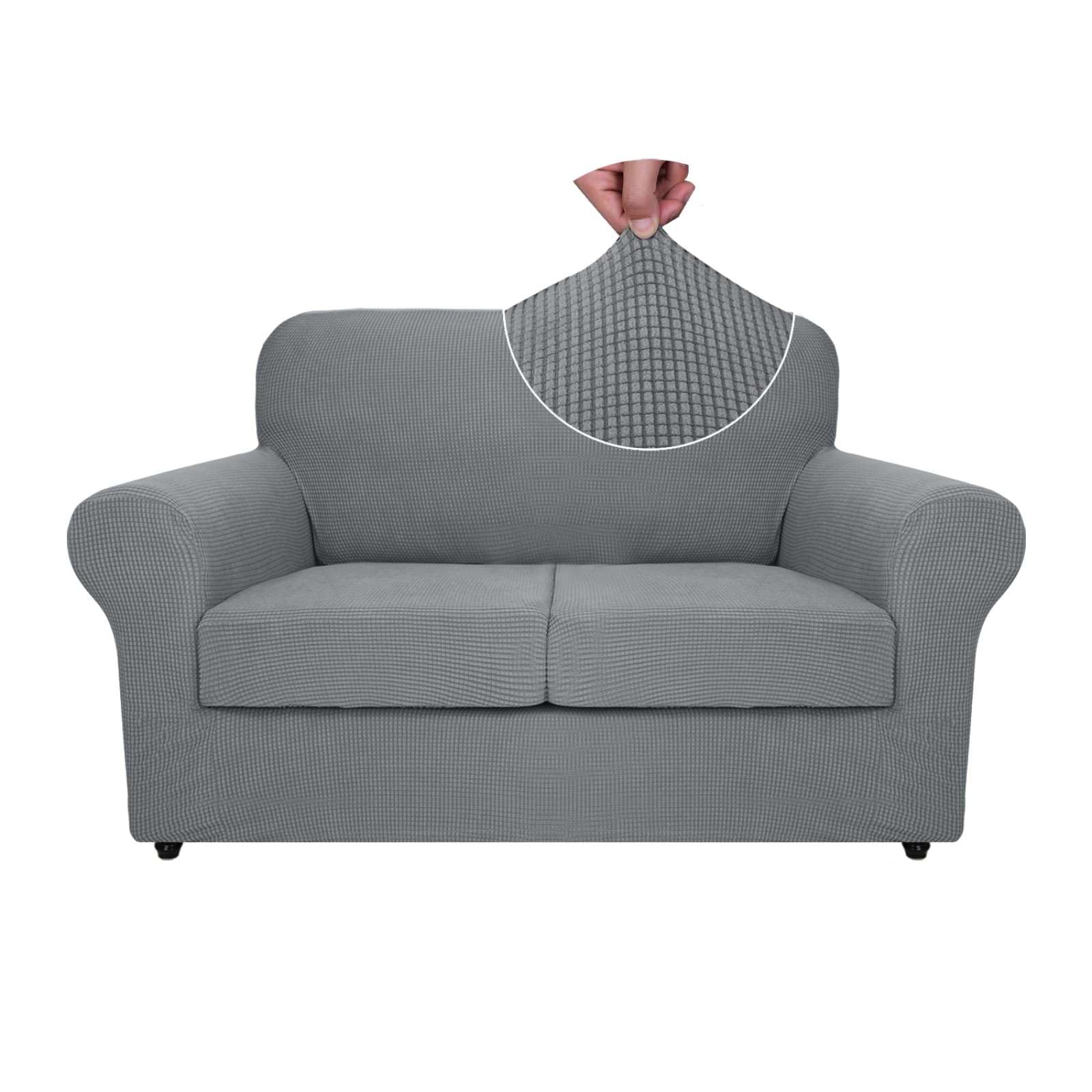 ZNSAYOTX 3-Piece Loveseat Slipcovers High Stretch Spandex Sofa Slip Cover Living Room Love Seat Couch Covers for 2 Cushion Couch Jacquard Small Checks Furniture Protector (Light Grey, Loveseat)