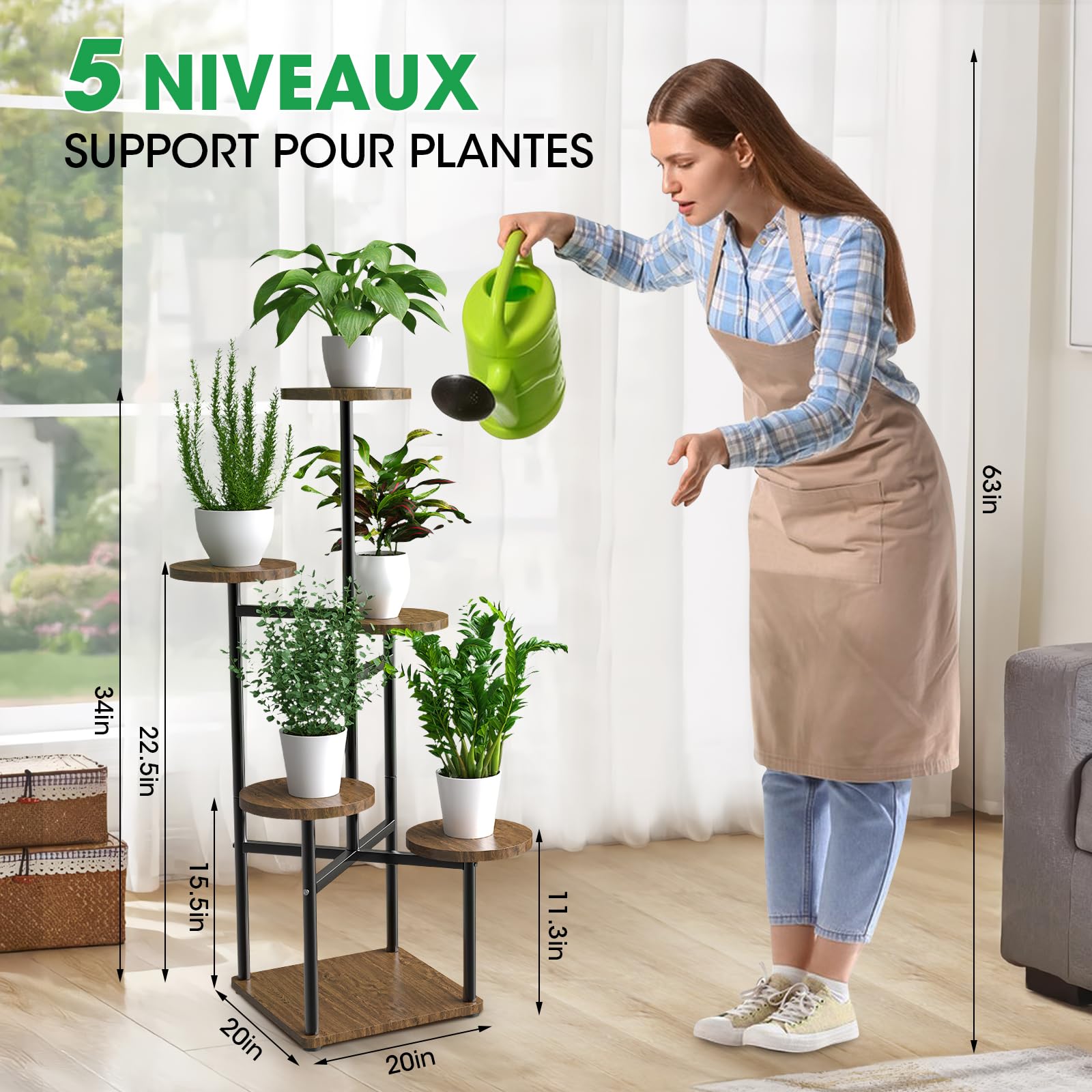 Étagère Plantes 5 Niveaux MYMULIKE - Support Métal Et Bois Pour Intérieur Avec Roulettes | Décoration Salon