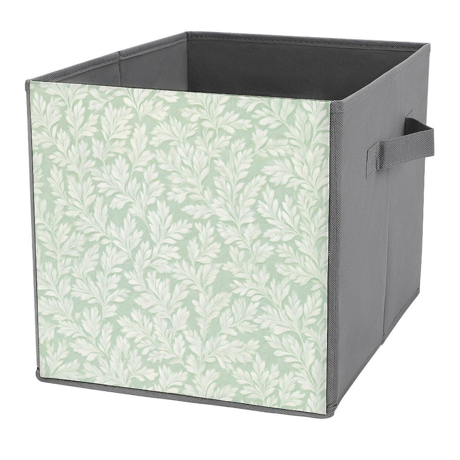 Jubonexis White Small Fern Leaves Green Cube Storage Bins Storage Cubes Foldable Decorative Fabric Storage Baskets Home Organizers With Handles For Shelves,Closet, 27X27 Cm