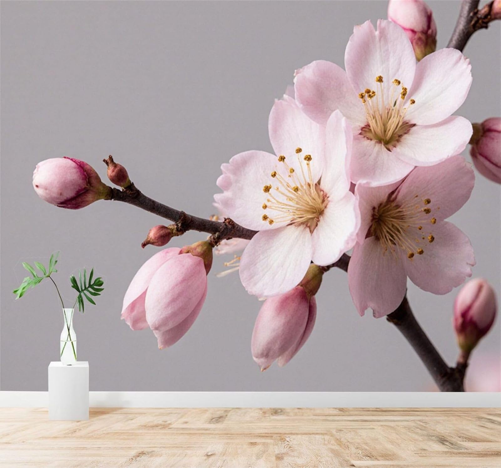 XLMING Beautiful Pink Cherry Blossoms Buds Branches Grey Background 3D Wallpaper Silky Texture Home Study Office Grey Dining Room Sofa Bedroom Living Room TV Backdrop-350cm×256cm