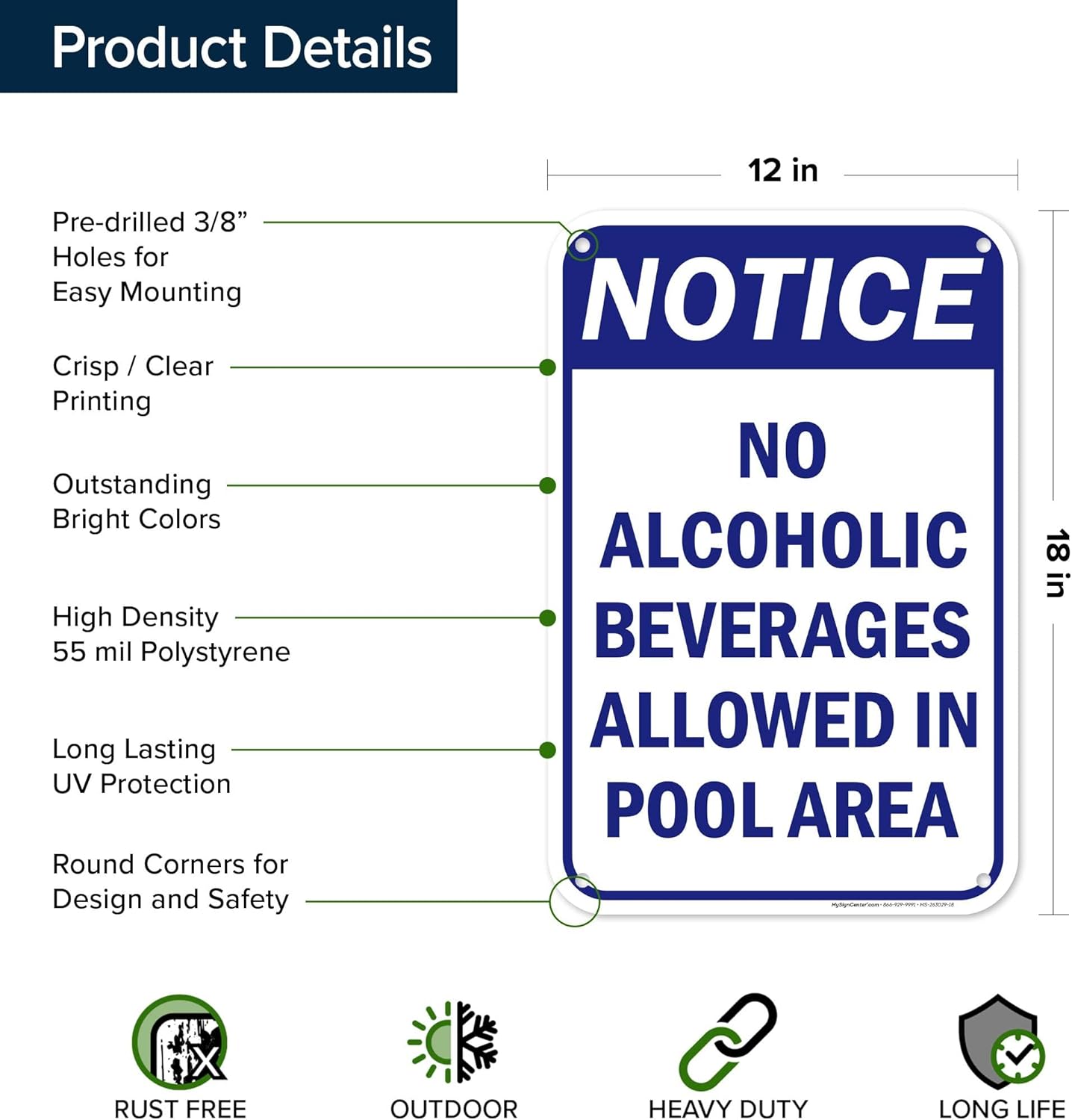 Notice No Alcoholic Beverages Allowed In Pool Area Sign, 12x18 Inches, 55 mil thick HDPS (high density polystyrene), Made in USA by My Sign Center