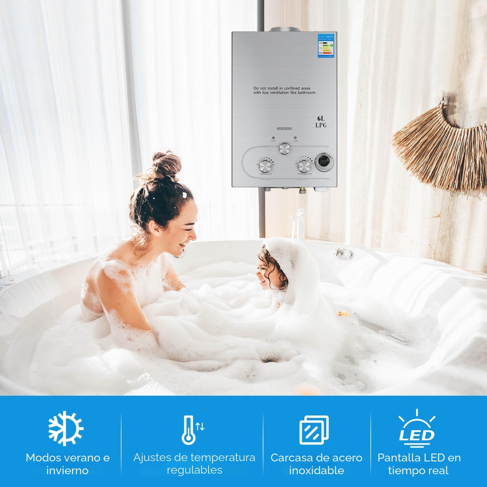 Calentador de agua de gas propano GPL 6L/8L, modo invierno-verano, calentador instantáneo sin depósito 16kw, kit ducha, quemador camping-RV-casa (6L)