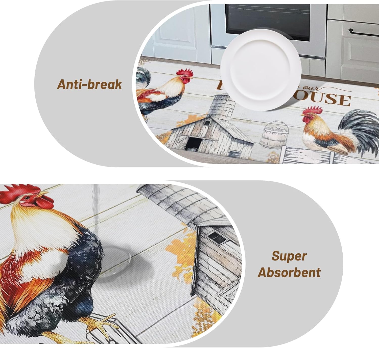 Rooster Kitchen Rugs and Mats Non-Skid Washable for Floor, Rooster and Chicken Kitchen Decor and Accessories Kitchen Mat Set of 3, 17"x30"+17"x47"+17"x59"