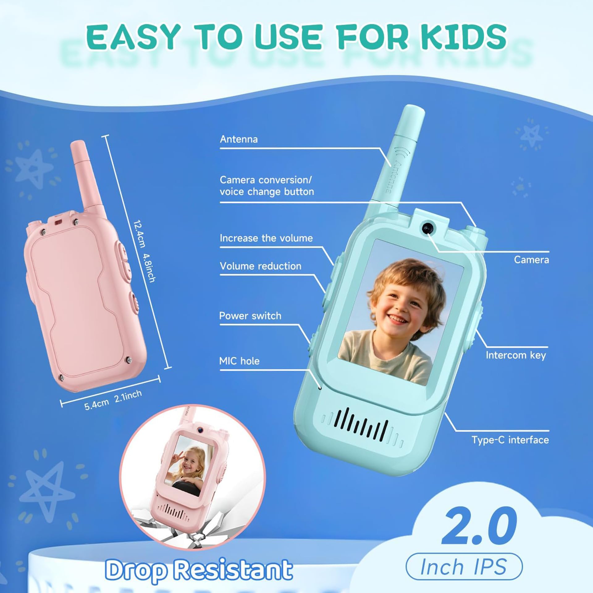 YIHANGG Talkies-Walkies Vidéo pour Enfants,Portables Lot de 2,Rechargeables,Intercom Vidéo Talkies-Walkies pour Enfants,pour Les Jeux en Famille,en Camping,en Randonnée,pour Garçons et Filles