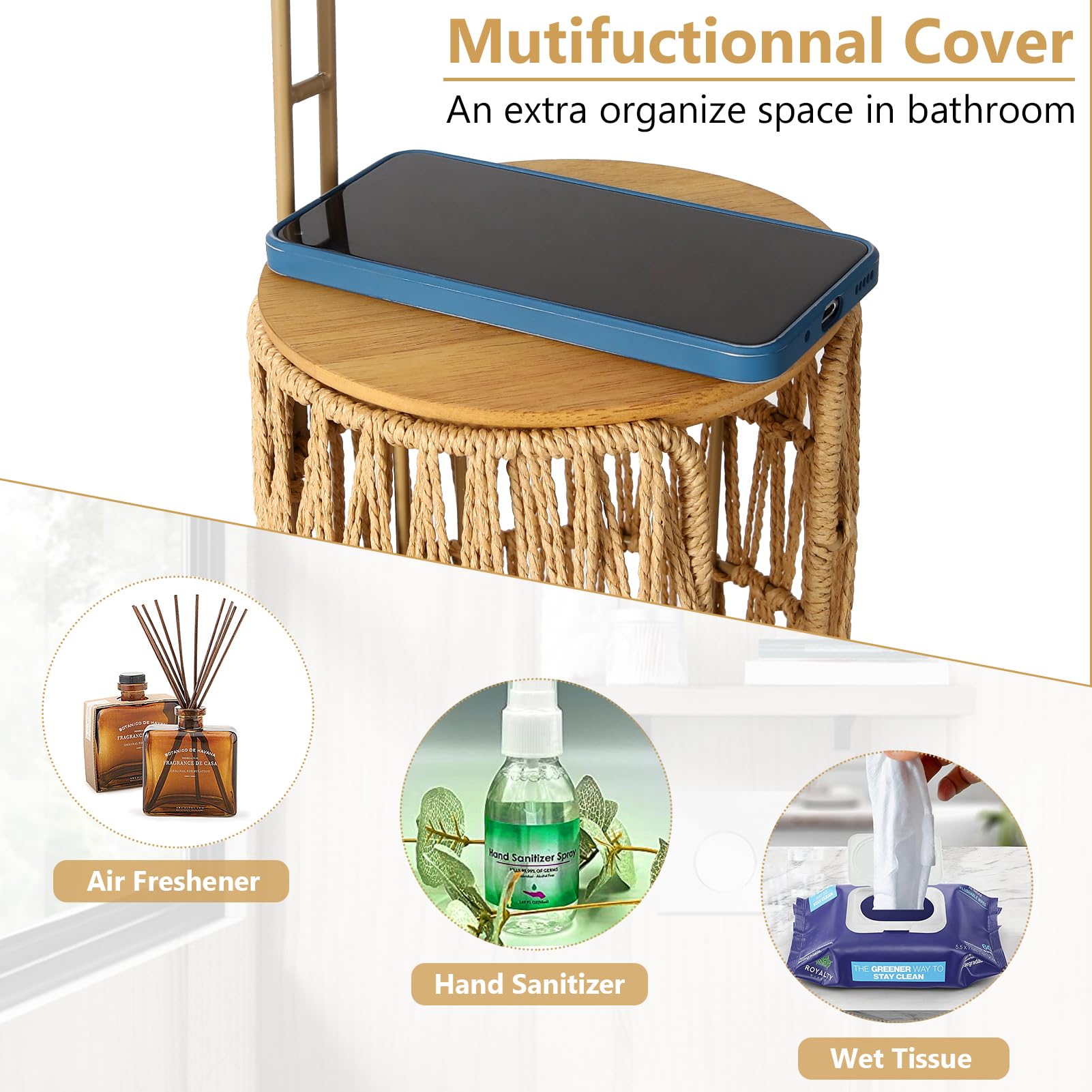 Distributeur de Papier Toilette Autonome Rangement avec étagère, Distributeur de Papier Toilette de Salle de Bain Debout, Rangement de Papier Toilette en rotin Boho pour 4 Rouleaux de Papier Toilette