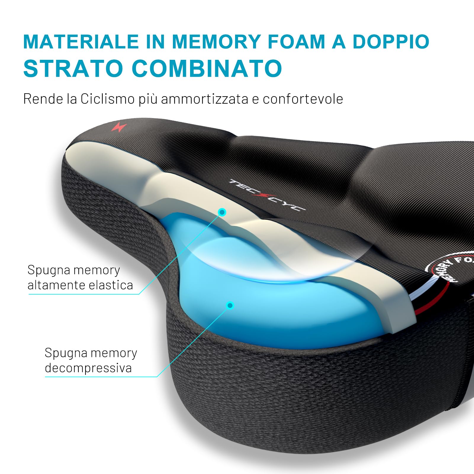 TECHCYC Coprisella Bici con Coprisella Cyclette in Memory Foam a Doppio Strato, Cuscino Ergonomico per Coprisella Bici Imbottito da Donna e da Uomo Adatto alla Maggior Parte delle Biciclette