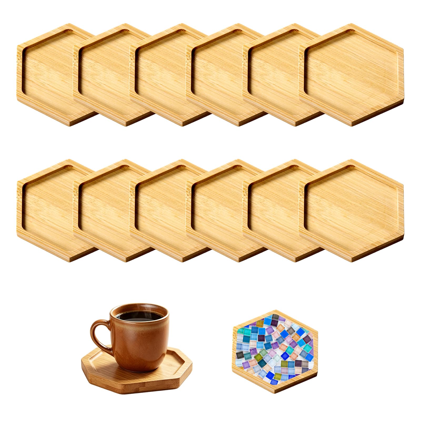 12Pcs Wooden Mosaic Coasters, 9cm Fillable Hexagon Bamboo Coasters Set
